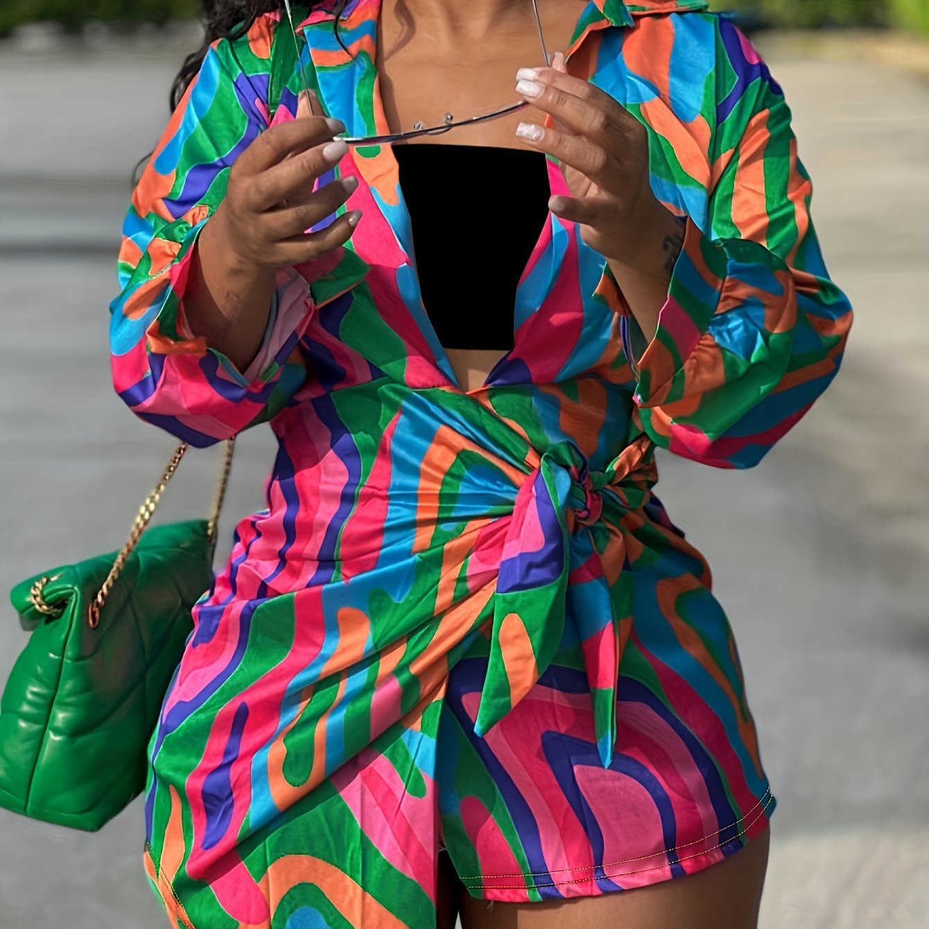  Abstract Print Lantern Sleeve Knot Dress