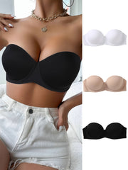 3pcs Strapless Push Up Bras Breathable T Shirt Bra Women's Lingerie