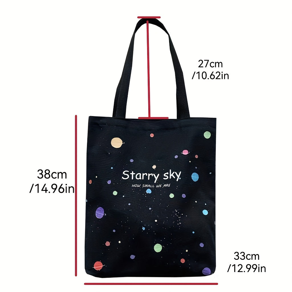 Starry Sky Pattern Canvas Zipper Tote Bag for School & Shopping