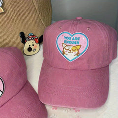 Embroidered Cartoon Cat Pink Heart Label Patch Sun Hat