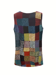 Patchwork Print Button Detail Round Neck Tank Top