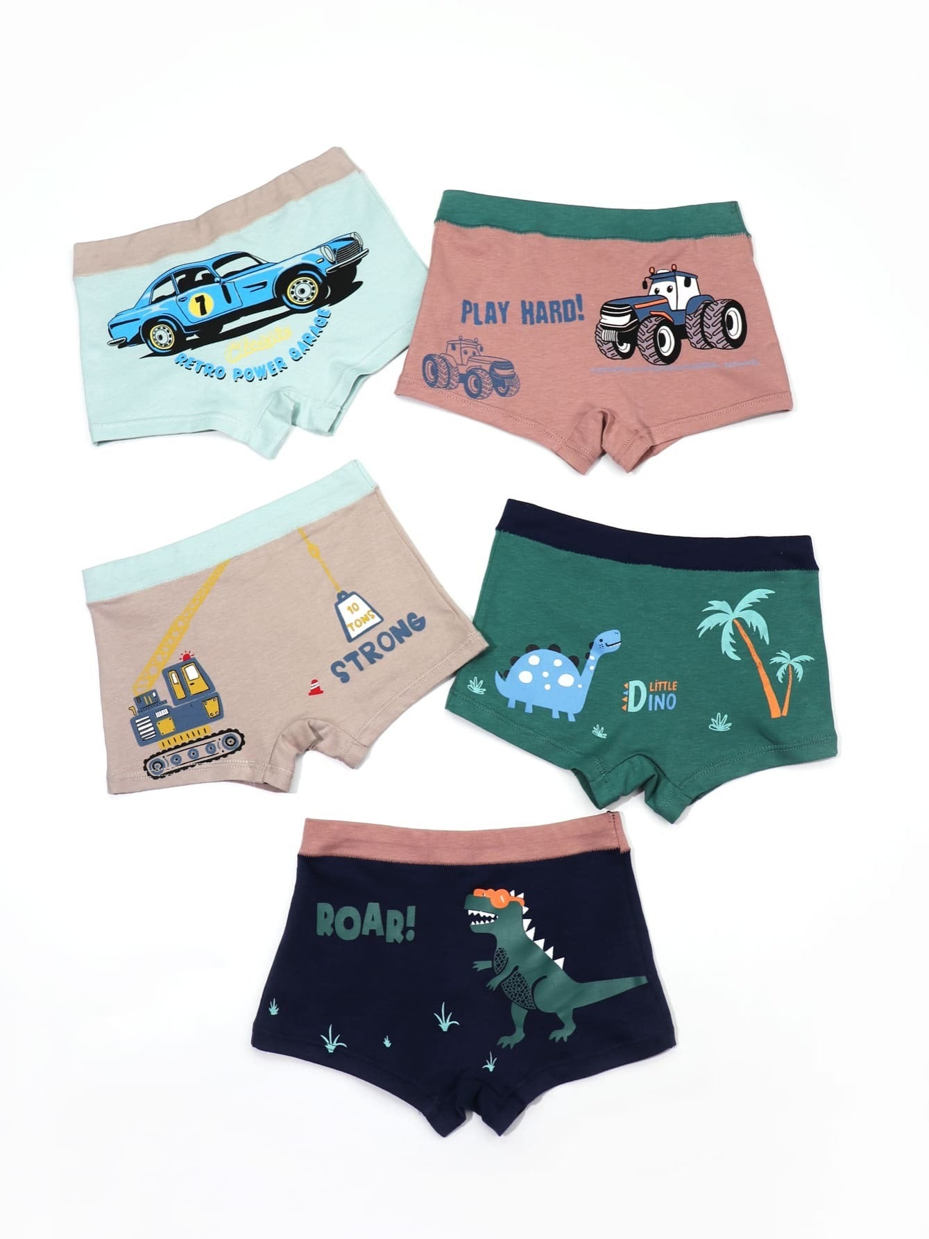5pcs Boys Cartoon Car & Dinosaur Boxer Briefs