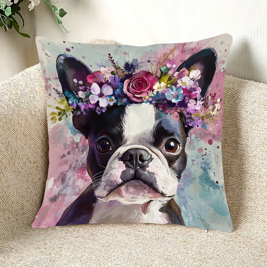 Boston Terrier in Watercolor Floral Crown Plush Decor