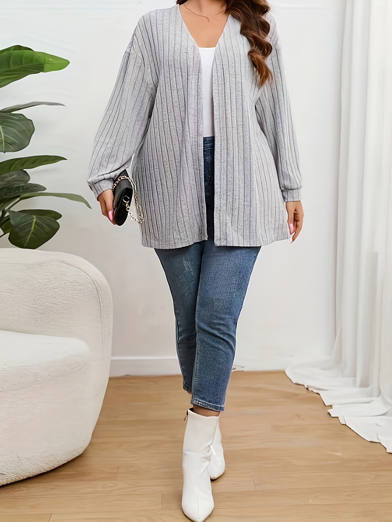  Solid Ribbed Long Sleeve Open Front Cardigan