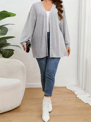  Solid Ribbed Long Sleeve Open Front Cardigan
