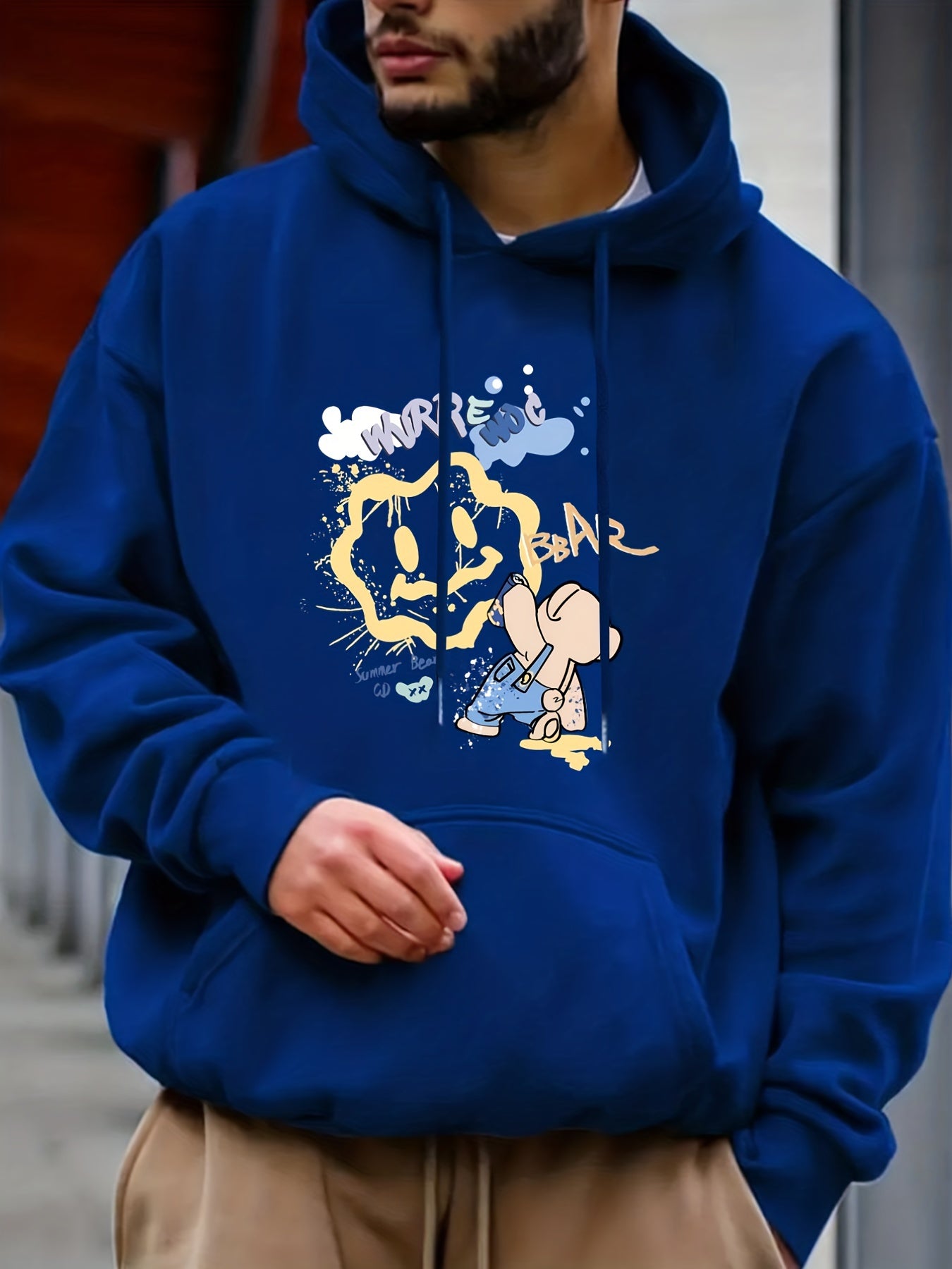 Cartoon Bear & Smile Face Print Hoodie for Men