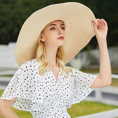 Oversized Brim Khaki Sun Hat Women Straw Beach Travel Cap