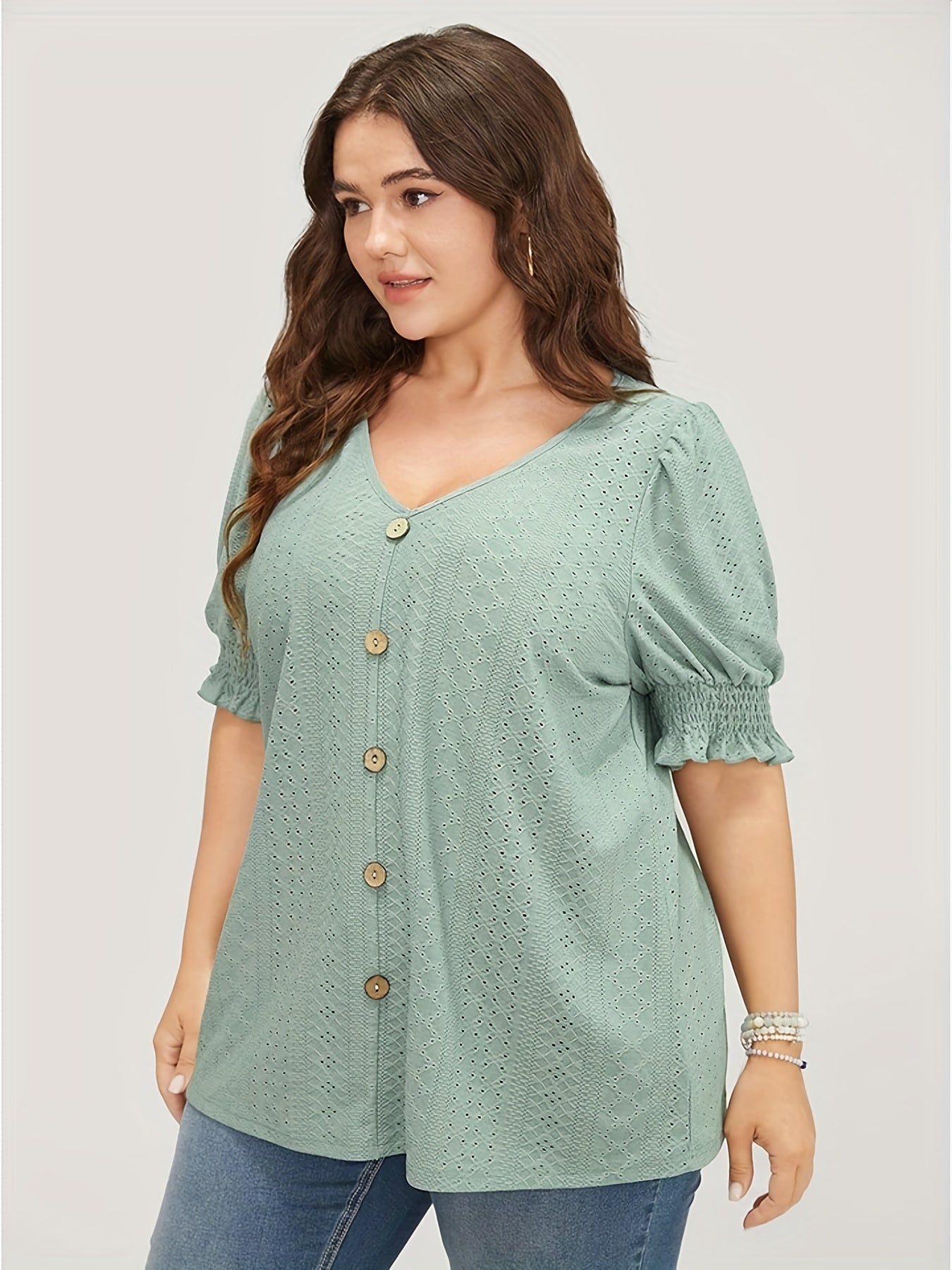  Eyelet Embroidered Puff Sleeve Blouse