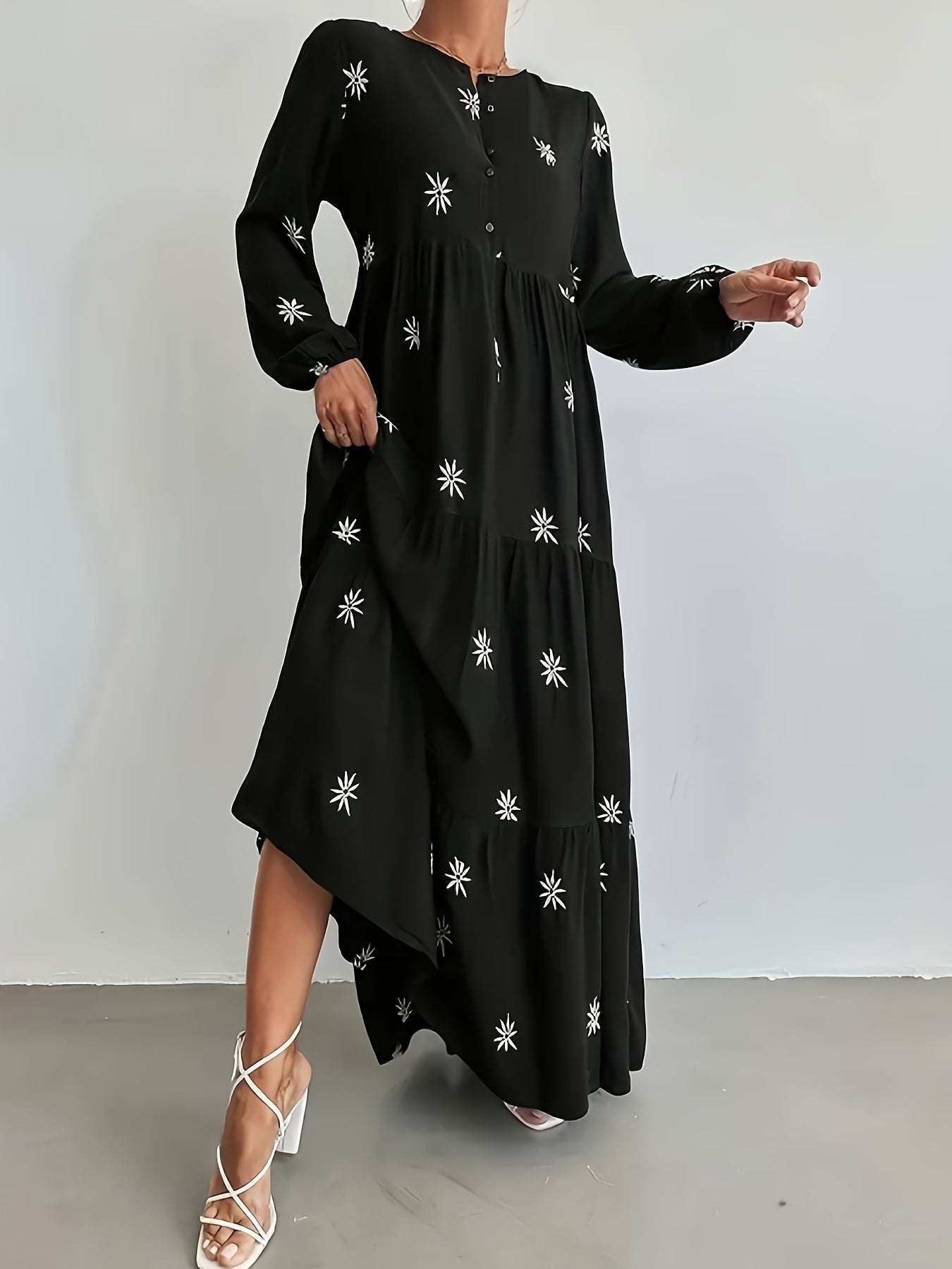  Floral Print Long Sleeve Maxi Smock Dress