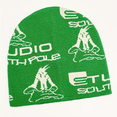 Green Anime Jacquard Beanie Y2K Unisex Knit Hat Hip Hop Elastic Windproof