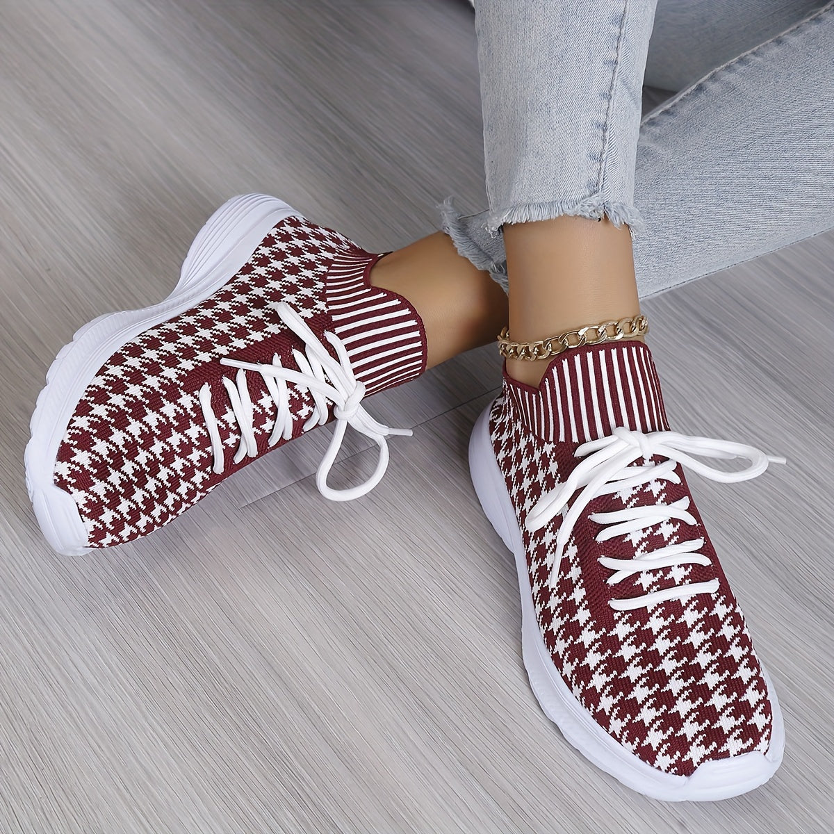 Women's Houndstooth Lace-up Sneakers Lightweight Sports Outdoor Shoes