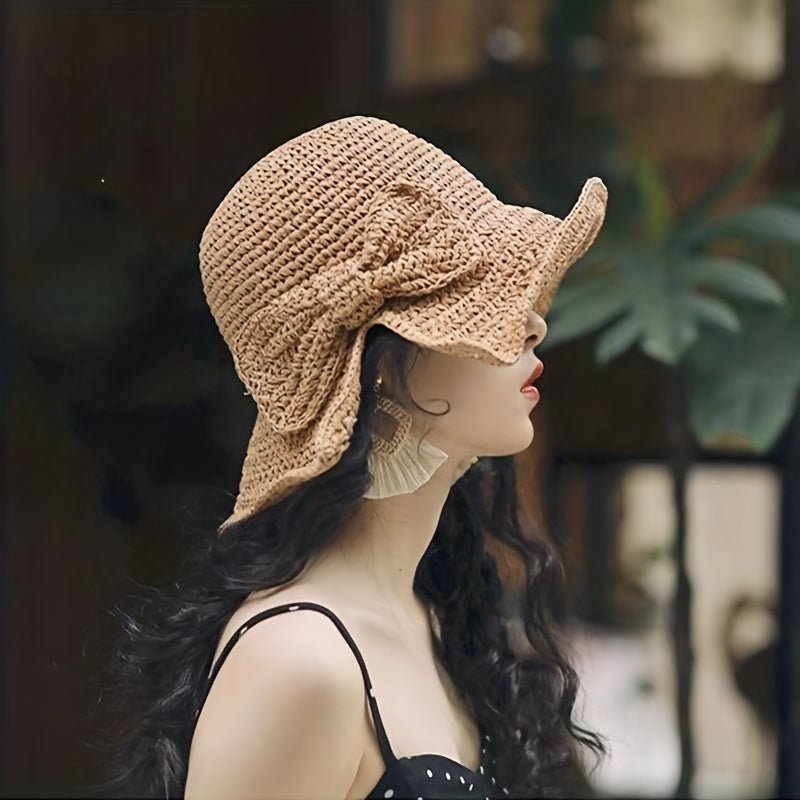 Vintage Crochet Bucket Hat with Bowknot Foldable UV Protection