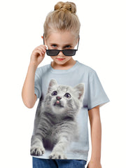 Casual Kitty Graphic Crew Neck T-Shirt Girls Summer Pullover Top
