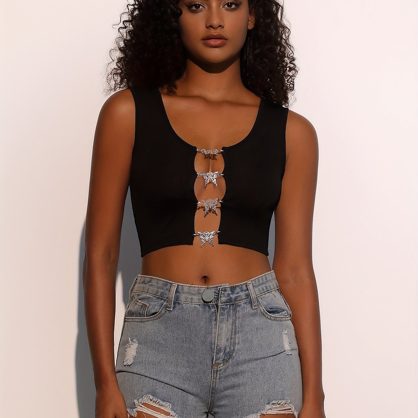 Butterfly Buckle Crew Neck Tank Top Sexy Sleeveless Crop Tank Top