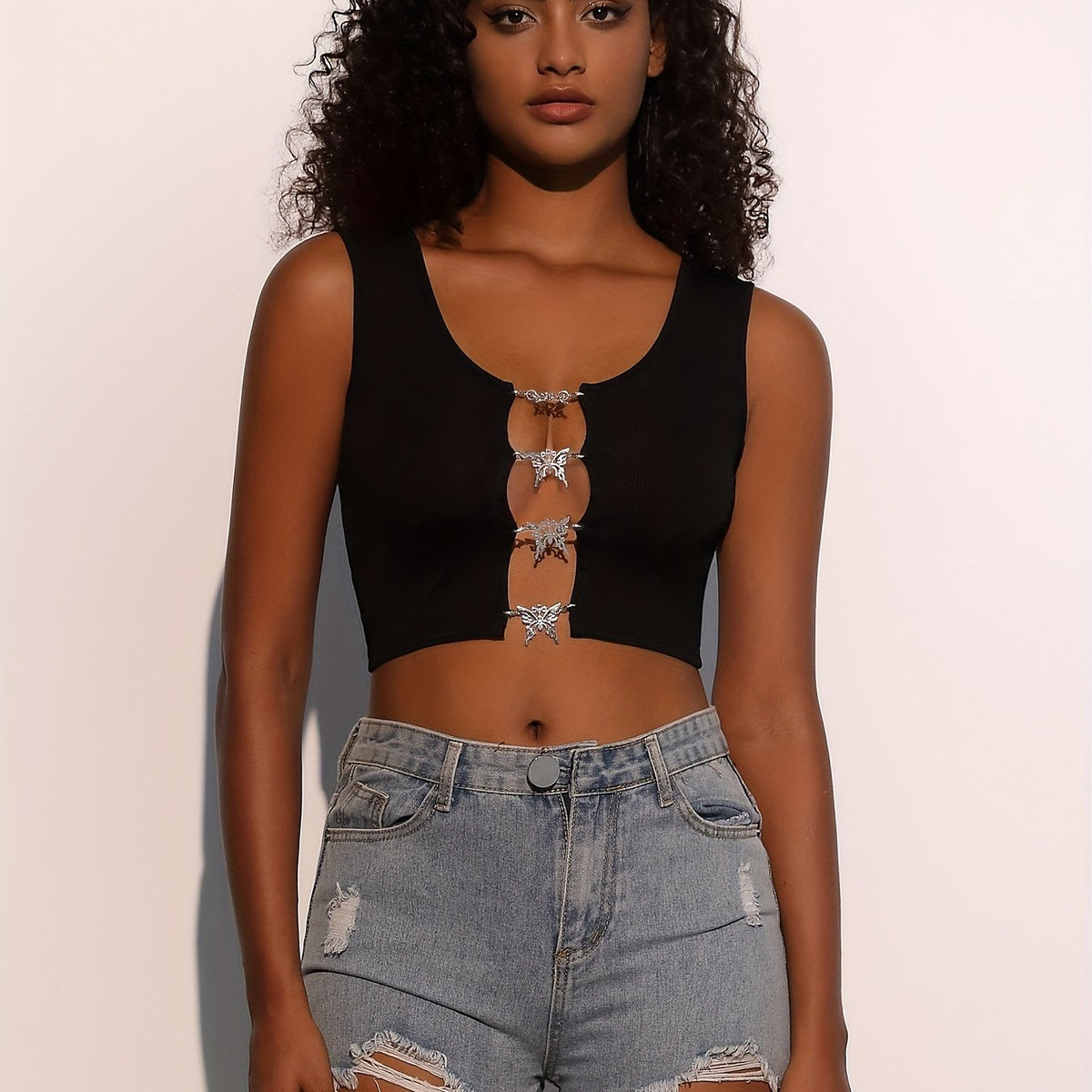 Butterfly Buckle Crew Neck Tank Top Sexy Sleeveless Crop Tank Top