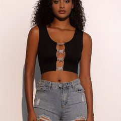 Butterfly Buckle Crew Neck Tank Top Sexy Sleeveless Crop Tank Top