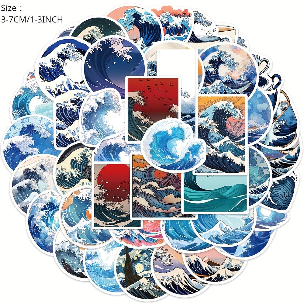 50pcs Ukiyo e Series Sea Wave Stickers Waterproof DIY