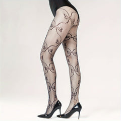 Bow Pattern Fishnet Tights High Waist Mesh Pantyhose Women's Stockings