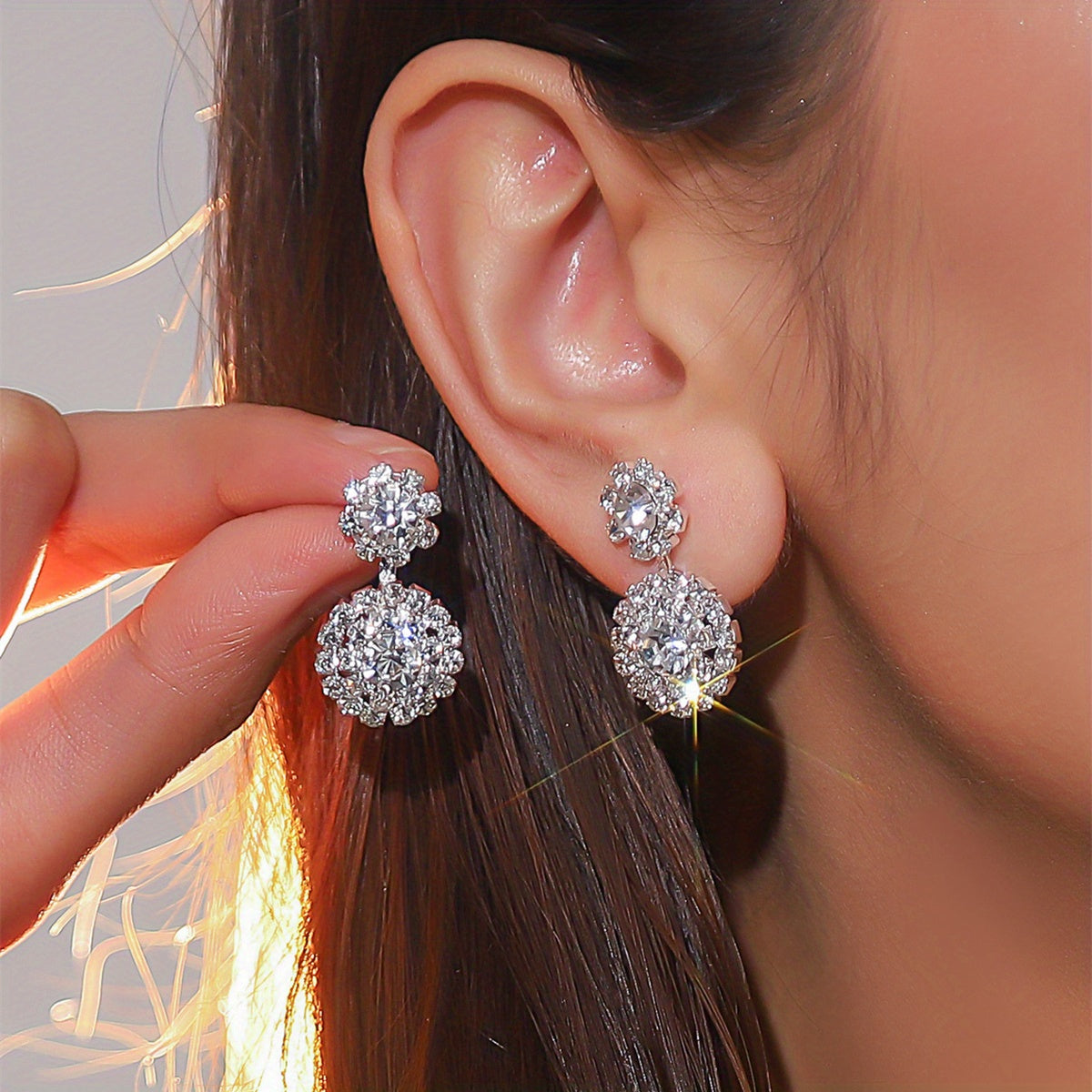 Sparkling Zircon Floral Dangle Earrings Retro Style Silver Plated Jewelry