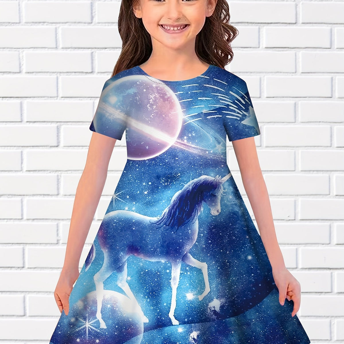 Girls 3D Unicorn Moon Graphic Short Sleeve Dress