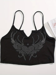 Y2K Rhinestone Heart Cami Top Notched Neck Women's Clothing
