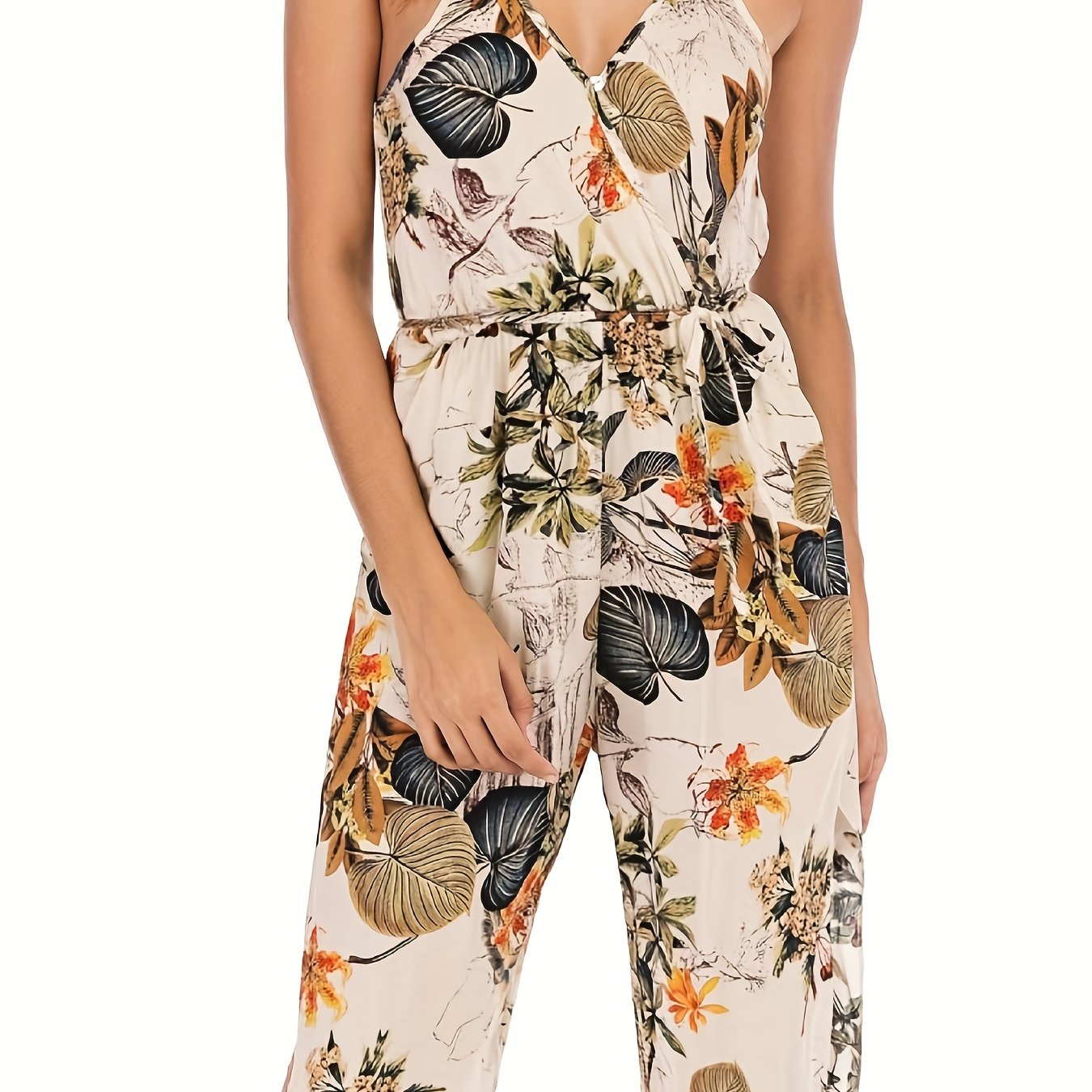  Leaf Print Surplice Neck Jumpsuit With Belt