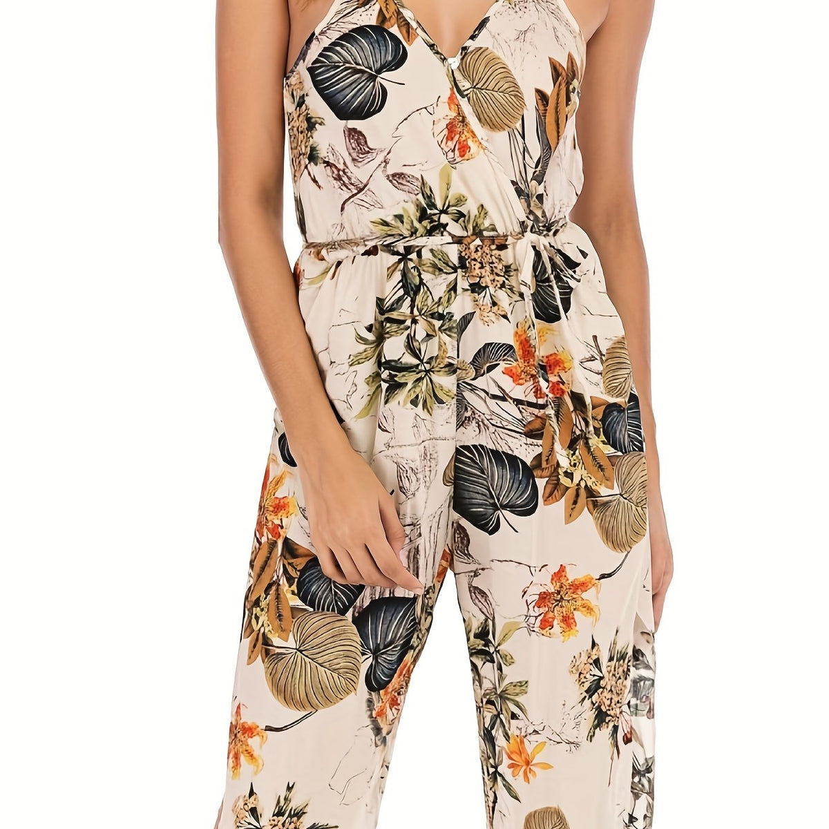  Leaf Print Surplice Neck Jumpsuit With Belt