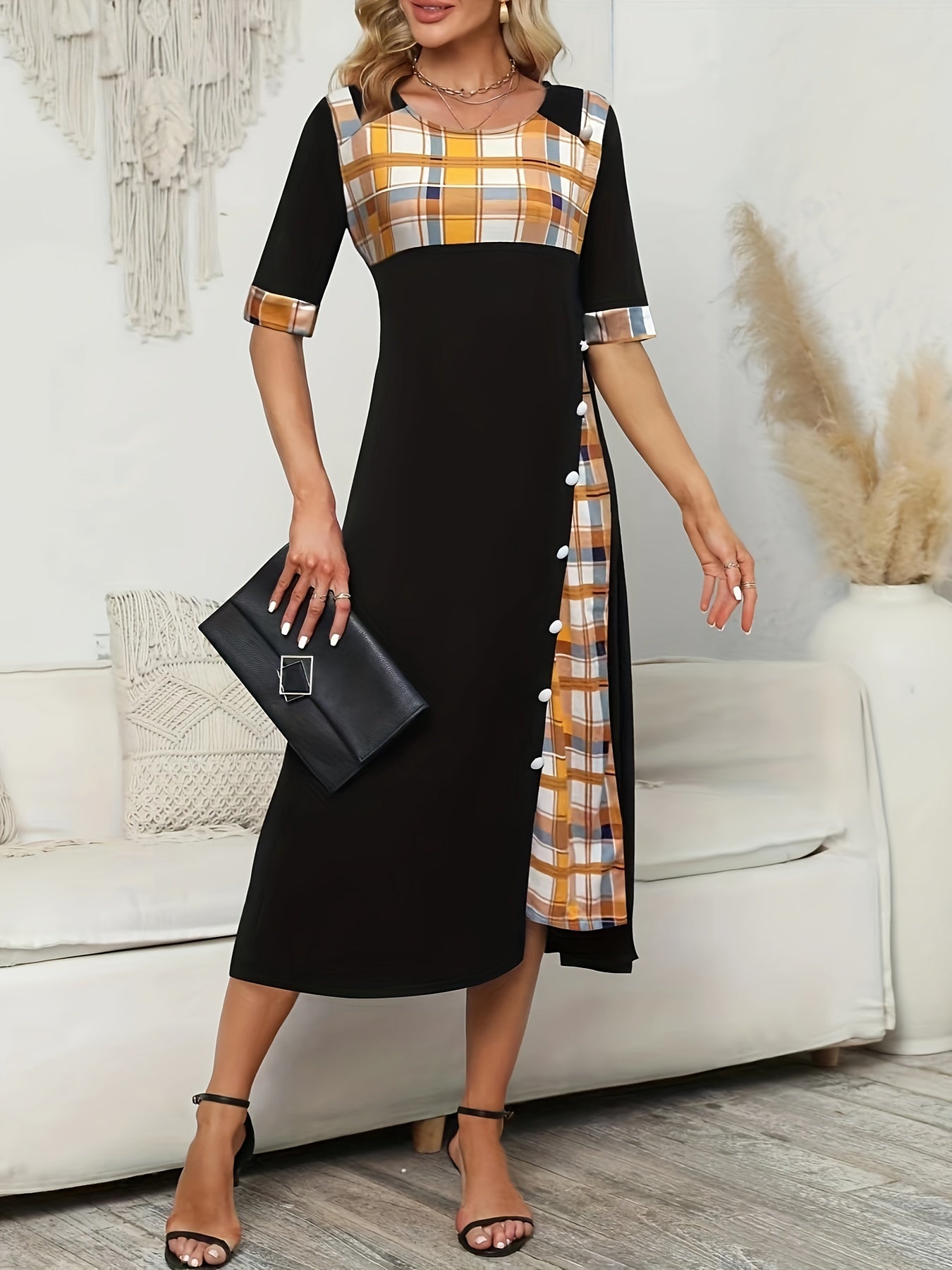 Plaid Print Splicing Dress Casual Crew Neck Short Sleeve Summer Asymmetrical Dre