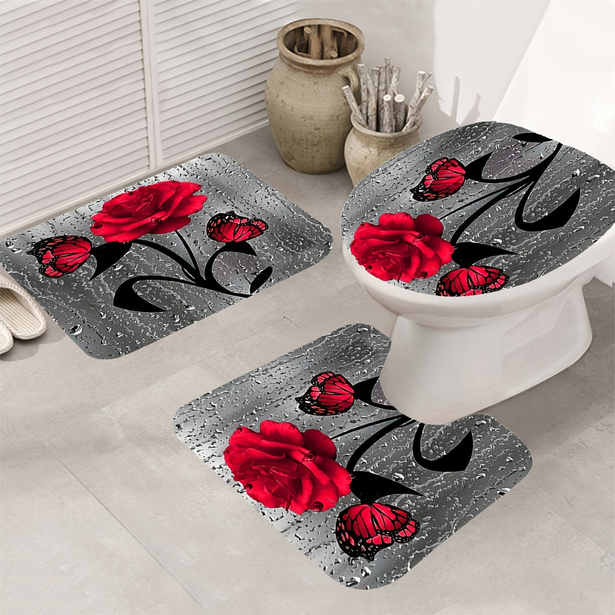 Rose Waterproof Bathmat & Shower Curtain Flowers Pattern Bath Curtain