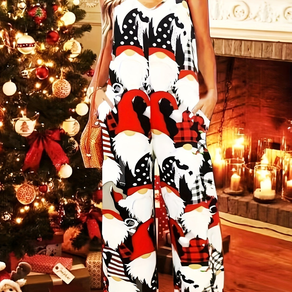  Christmas Dwarf Print Wide Leg Jumpsuit