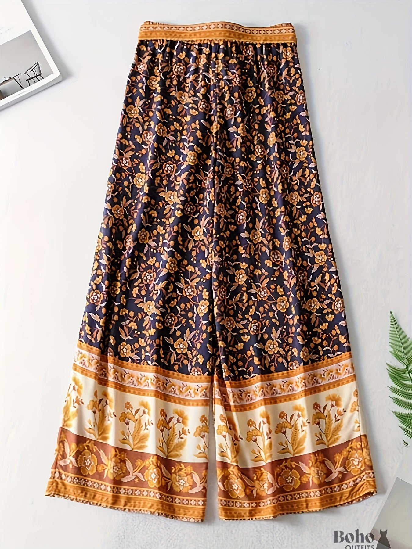  Floral Print Wide Leg Pants Elastic Waist