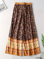  Floral Print Wide Leg Pants Elastic Waist