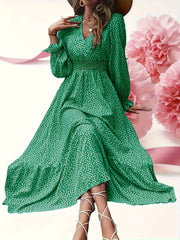  Polka Dot Long Sleeve Pleated Dress