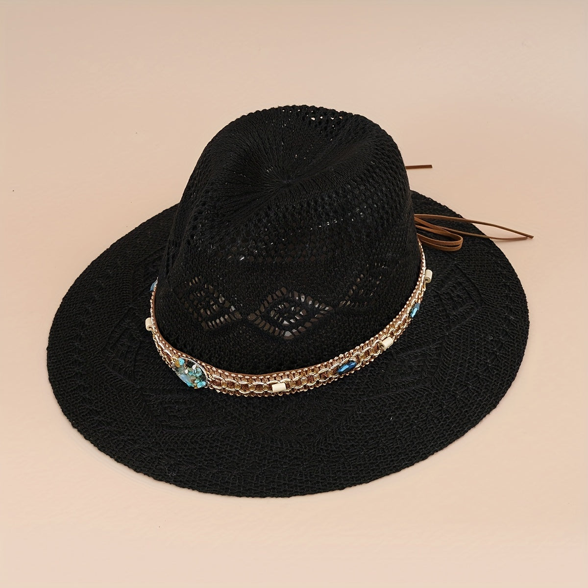 Boho Belt Decor Geometric Crochet Fedora Cap Breathable Summer Beach Hat