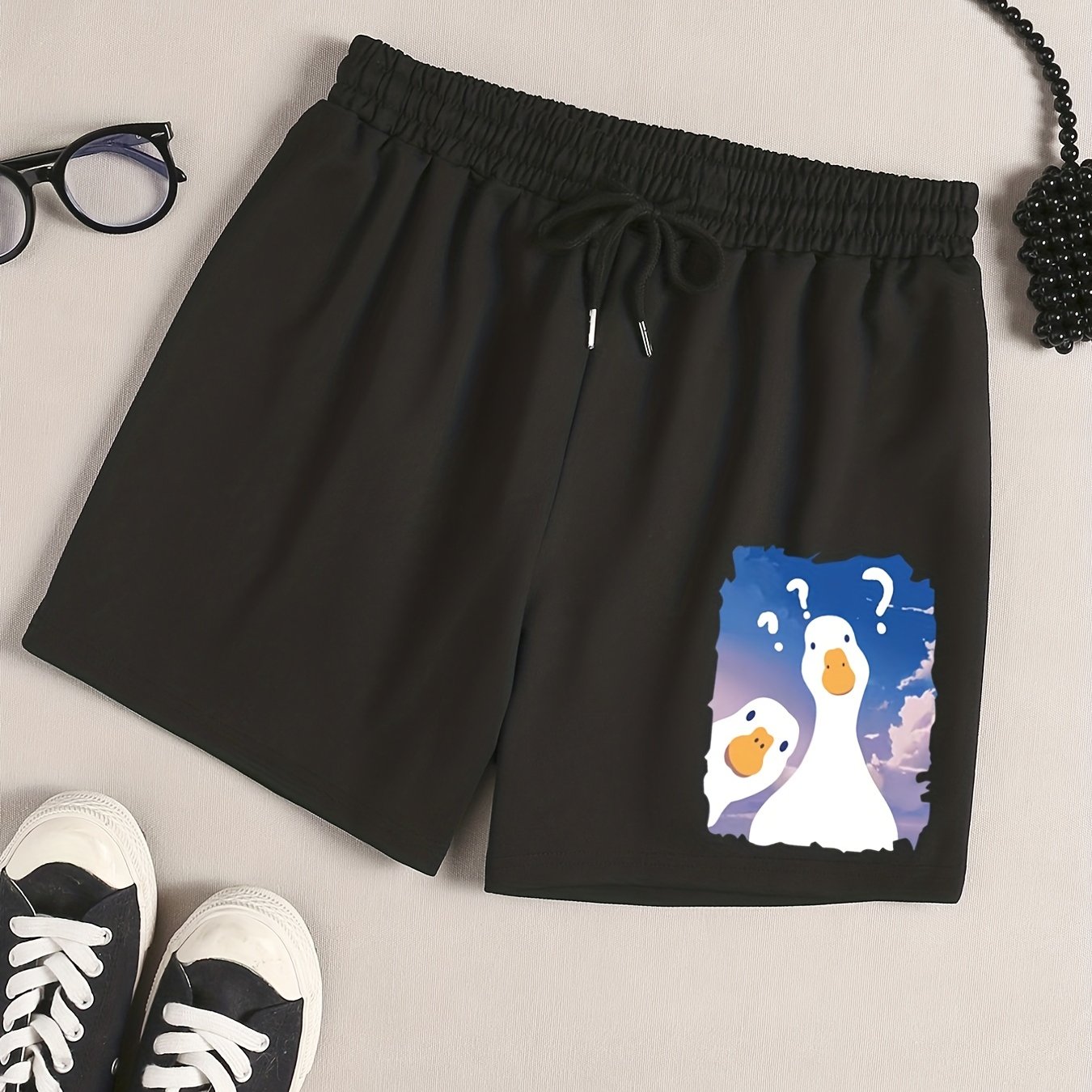  Goose Print Lounge Shorts Elastic Waist Sporty Pajama Shorts