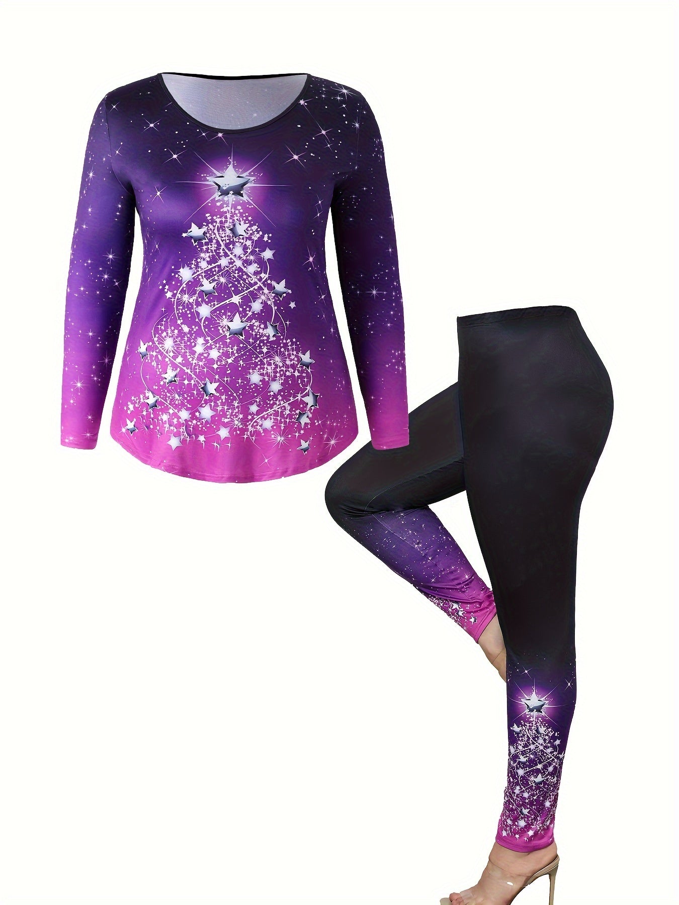  Star Christmas Tree Print Top & Leggings Set