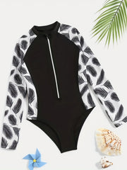 Girls Rain Forest Graphic Long Sleeve Swimsuit for Surfing