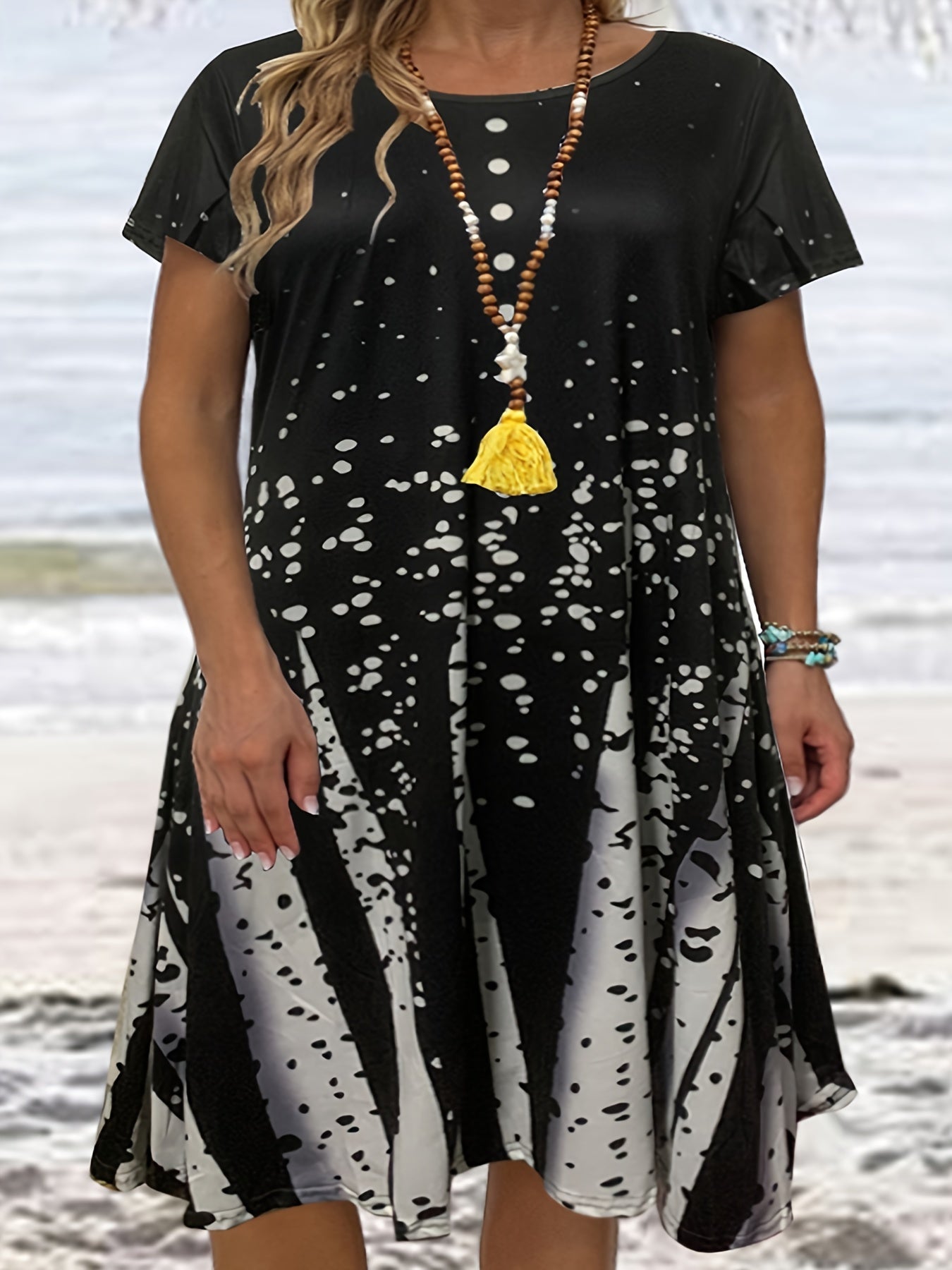 Casual Dress Women's Plus Print Round Neck Button Decor Dress