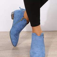 Women's Low Heel Ankle Boots Pointed Toe Side Zipper Block Heels