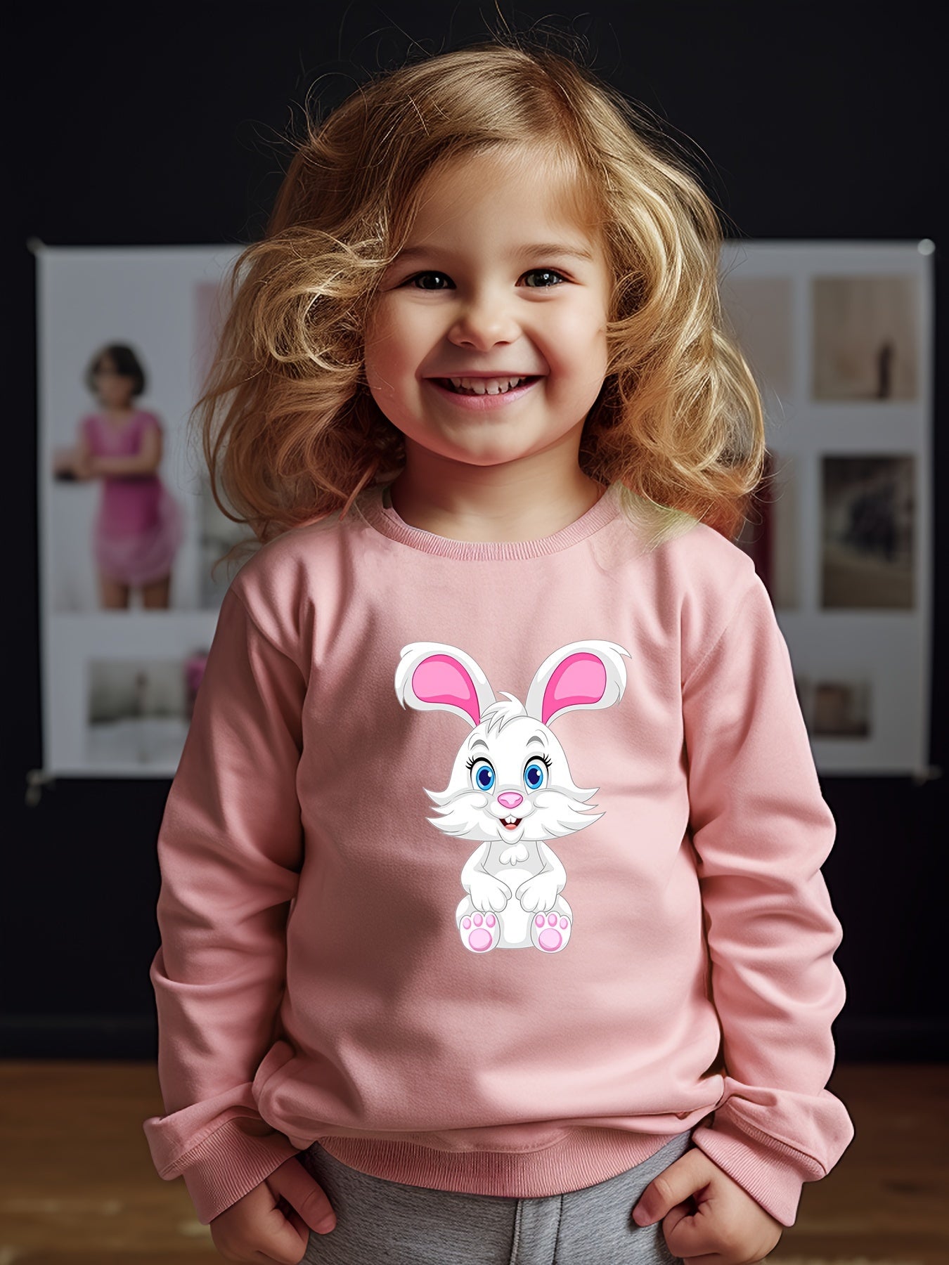 Girls Rabbit Pattern Crew Neck Sweatshirt Spring Fall Christmas Gift