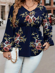  Floral Print Lantern Sleeve V Neck Peplum Top
