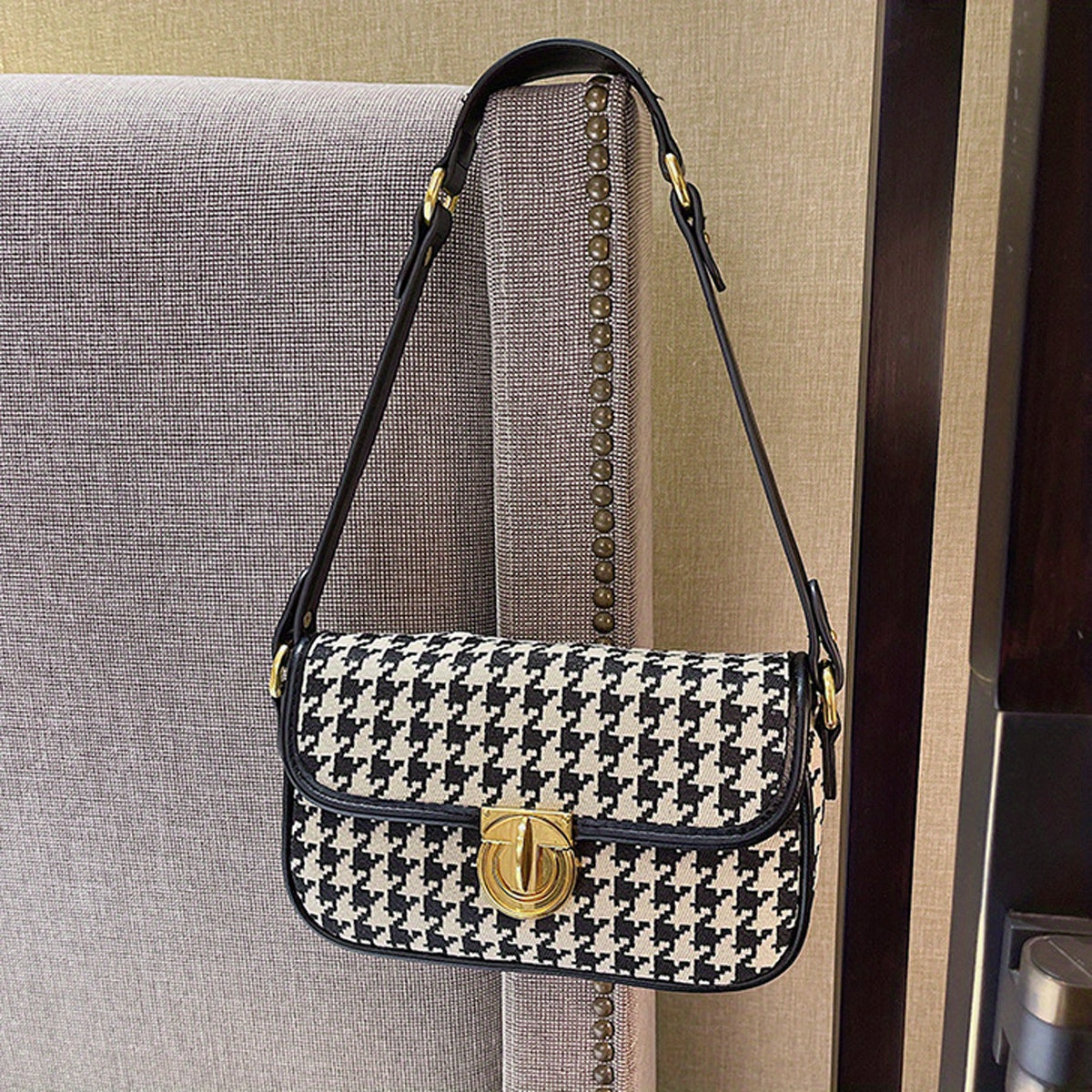 Women's Houndstooth Underarm Bag Lightweight Turn Lock Armpit Bag