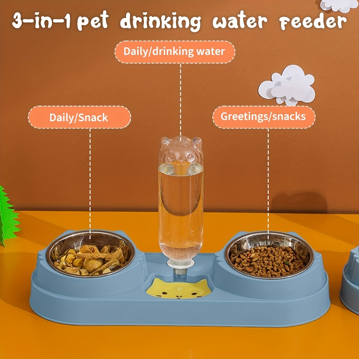 Cat Double Bowls w/ Gravity Water Bottle 3-In-1