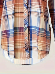  Plaid Print Button Up Collar Blouse