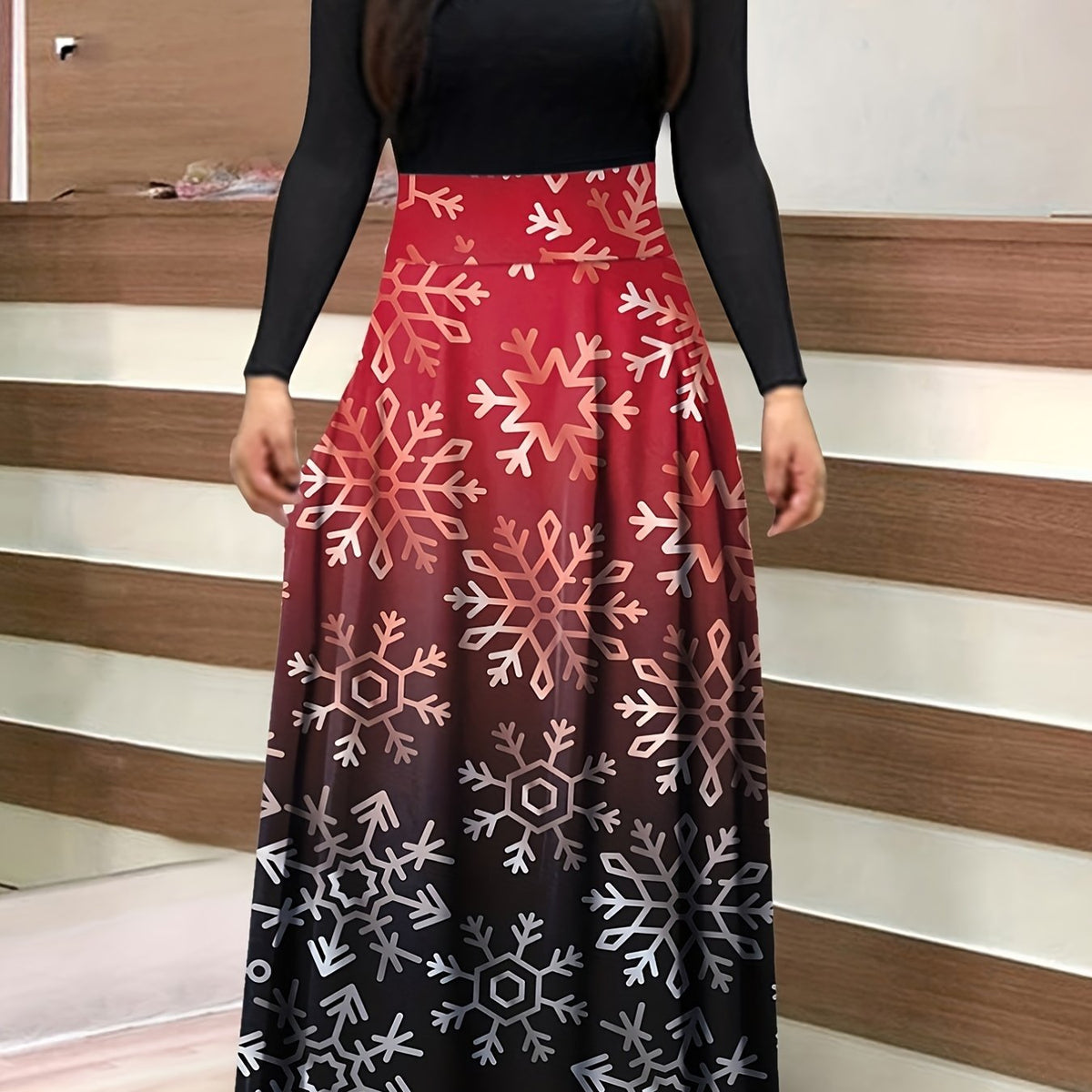  Colorblock Ombre & Snowflake Print Maxi Dress