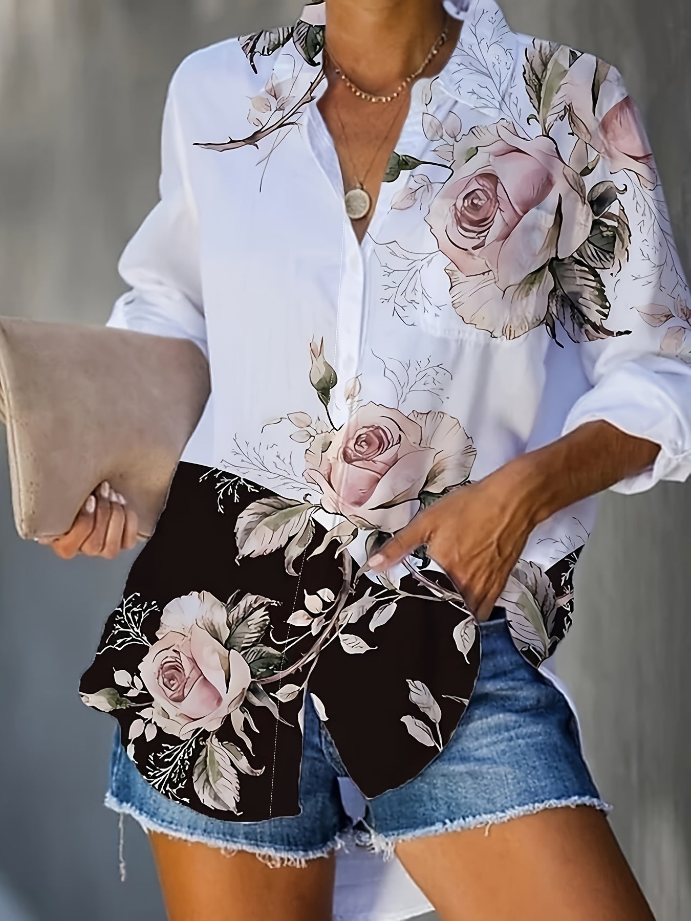  Colorblock Floral Print Long Sleeve Blouse