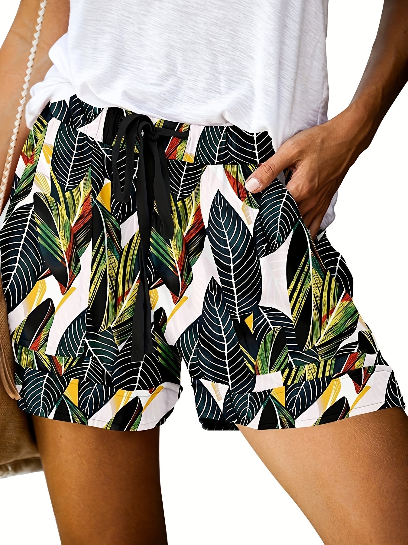 Tropical Print Drawstring Shorts for Women