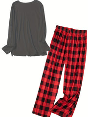  Funny Dwarf & Art Print Tee & Plaid Pants Pajamas Set