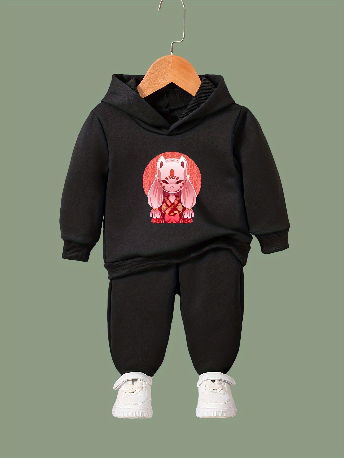 Girl's Cartoon Mask Hoodie & Pants Set Sporty Clothes