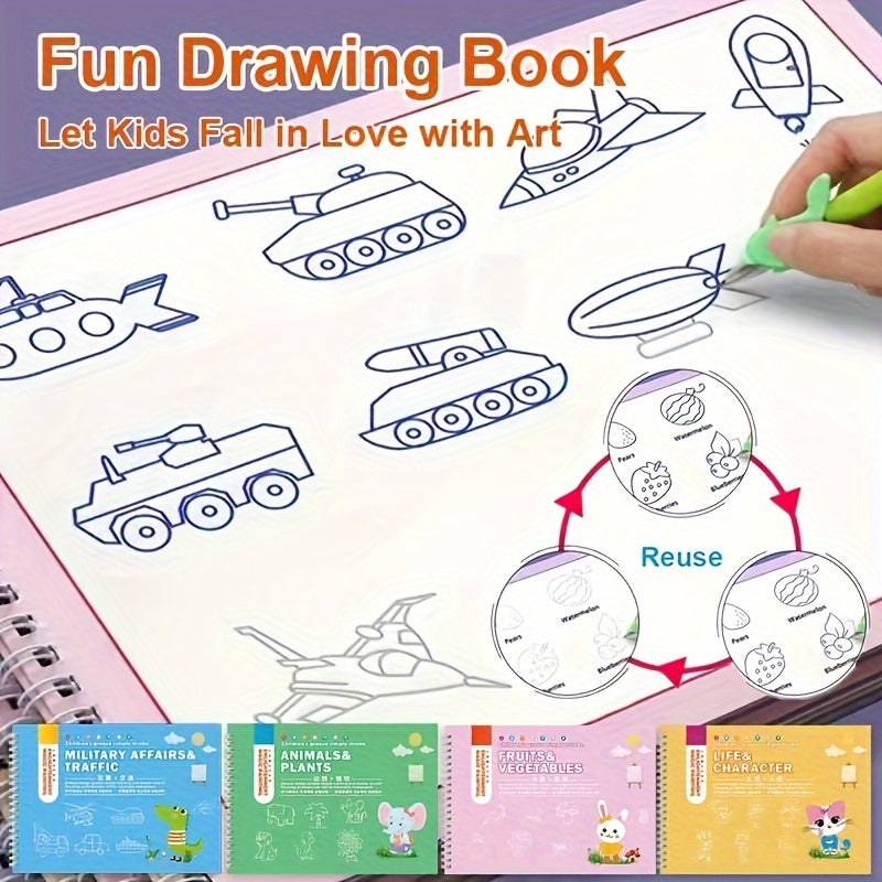 Set of 4 Reusable Drawing Practice Books with Grooves